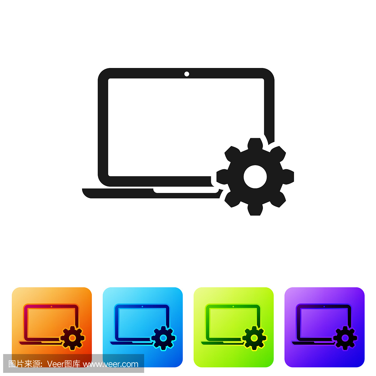黑色笔记本电脑和齿轮图标上的白色背景。笔记本电脑服务理念。调整应用程序,设置选项,维护,修复,固定笔记本概念。设置图标在颜色方形按钮。矢量图